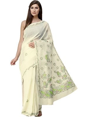 Cream Sari from Lucknow with Chikan Hand-Embroidered Flowers and Applique Work
