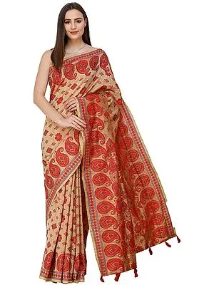 Champagne-Beige Sari from Assam with Woven Motifs