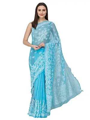 River-Blue Saree from Lucknow with Chikan Hand -Embroidery
