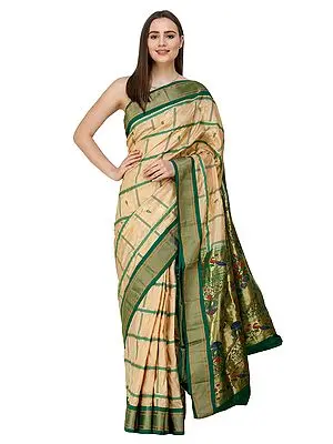 Almond-Buff Uppada Sari from Bangalore with Fusion Paithani Anchal