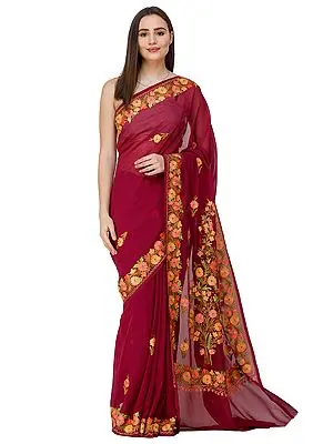 Magenta-Purple Sari Kashmir with Chain-Stitch Embroidery