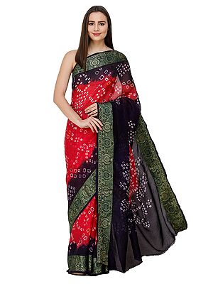 Bright-Rose and Violet Bandhani Sari from Rajasthan with Zari Weave on Border