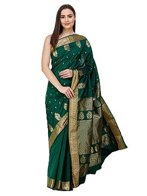 Verdant-Green Uppada Handloom Sari from Bangalore with Golden Bootis