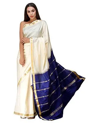 Oyster-White and Blue Uppada Sari from Bangalore with Woven Stripes on Anchal