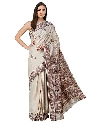 Light-Grey Baluchari Sari from Bengal with Hand-woven Mahabharta Episodes on Pallu