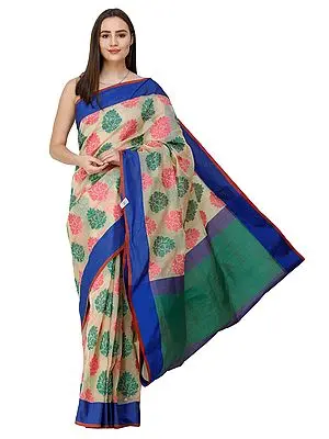 French-Vanilla Handloom Saree from Banaras with Woven Flowers