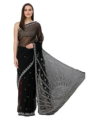Jet-Black Saree from Lucknow with Chikan Embroidery by Hand