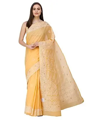 Amber-Yellow Sari from Lucknow with Chikan Embroidery by Hand