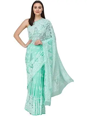 Brook-Green Lukhnavi Chikan Sari with Hand-Embroidered Paisleys