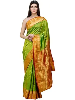 Macaw-Green Brocaded Handloom Uppada Saree from Bangalore with Peacocks on Border