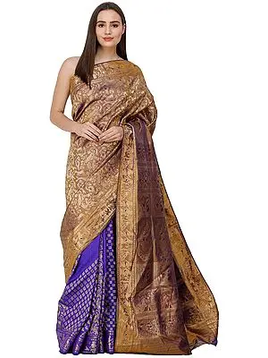 Dazzling-Blue Baluchari Saree from Bengal with Hand-Woven Apsaras on Anchal