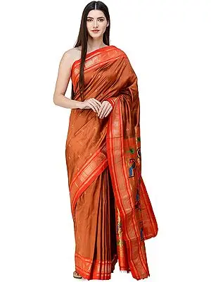 Gold-Flame Brocaded Paithani Sari from Maharashtra with Hand-woven Peacocks Lotuses on Anchal