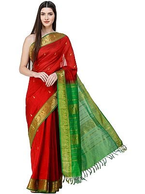 Scarlet-Sage Pure Silk Sari from Chennai with Zari-Woven Border and Pallu