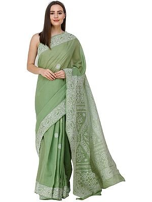 Mineral-Green Lukhnavi Chikan Sari with Hand-Embroidered Paisleys and Flowers