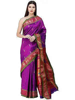 Tillandsia-Purple Brocaded Paithani Handloom Saree from Maharashtra with Zari-Woven Peacocks on Anchal