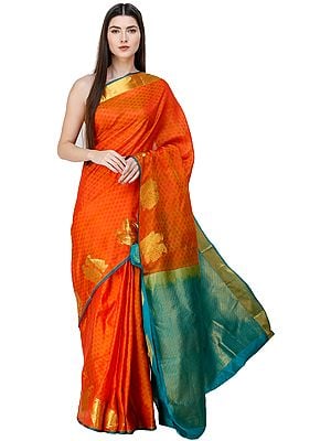 Autumn-Maple Brocaded Sari from Bangalore with Self-Woven Fabric and Peacocks on Border