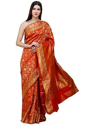 Flame-Scarlet Brocaded Bridal Sari from Bangalore with Peacocks on Border