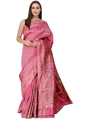 Fuchsia-Pink  Baluchari Sari from Bengal with Hand-Woven Scenes from Ramayana on Anchal
