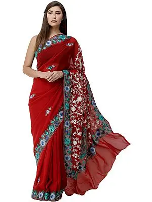 Ribbon-Red  Sari from Kashmir with Aari-Embroidered Multicolor Flowers