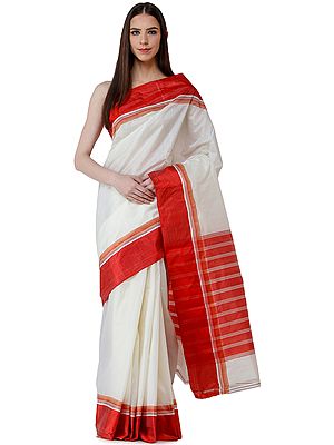 Banana-Cream Garad Sari from Bengal with Woven Pallu and Golden Border