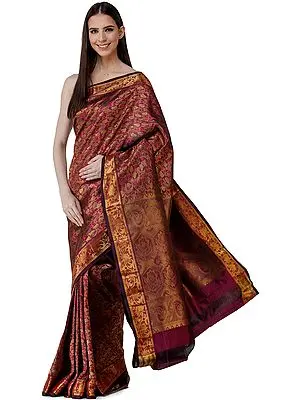 Magenta-Purple Uppada Sari from Bangalore with Zari-Woven Leaves - All Over