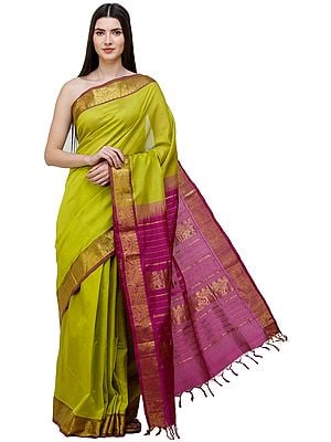 Green-Apple Pure Silk Sari from Channai with Zari-Woven Border and Purple Pallu