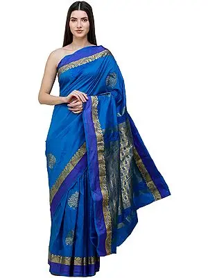 Blue-Aster Uppada Handloom Sari from Bangalore with Golden Bootis
