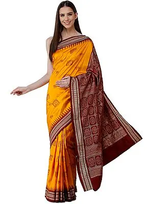 Radiant-Yellow Bomkai Sari from Orissa with Tribal Motifs and Hand-Woven Mandala Patterns on Pallu