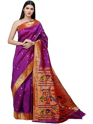 Byzantium-Purple Brocaded Paithani Handloom Sari from Maharashtra with Zari-Woven Munia Pallu