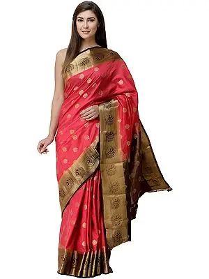 Paradise-Pink Brocaded Uppada Sari from Bangalore with Zari Woven Peacocks on Border