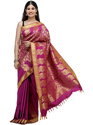 Festival-Fuschia Brocaded Sari with Woven Peacocks on Anchal and Leaf Motifs All Over