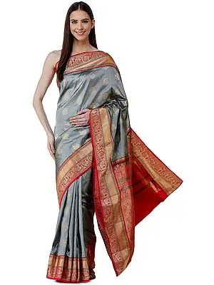 Silver Brocaded Uppada Sari from Bangalore with Zari Woven Peacocks on Border