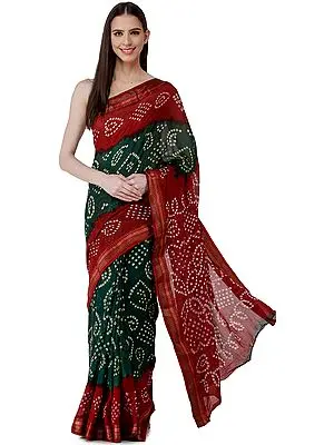 Garnet-Red and Dark-Green Bandhani Sari from Rajasthan with Woven Border