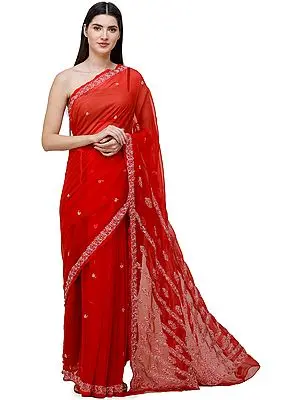 Flame-Scarlet Lukhnavi Chikan Sari with Hand-Embroidered Flowers and Rising-Sun on Pallu