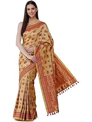 Fall-Beige Sari from Assam with Woven Floral Motifs and Tassels on Pallu