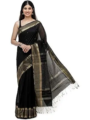 Black-Beauty Maheshwari Handloom Sari with Golden Thread Weave on Border and Pin-Stripes
