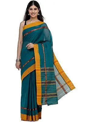 Deep-Lake Narayanpet Sari from Chennai with Zari-Woven Border and Pin-Stripes