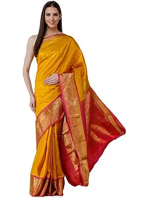 Golden-Yellow Brocaded Sari from Bangalore with Self-Weave and Peacocks on Border