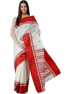 Papyrus-White Garad Sari from Bengal with Woven Paisleys and Red Border