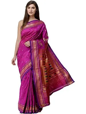 Beautyberry-Purple Brocaded Paithani Handloom Saree from Maharashtra with Zari-Woven Peacocks on Anchal