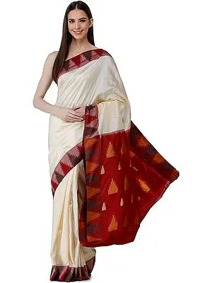 Vanilla-Custard Uppada Handloom Sari from Bangalore with Woven Temple Border