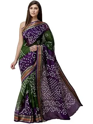 Forest-Green and Violet Bandhani Sari from Rajasthan with Zari Weave on Border