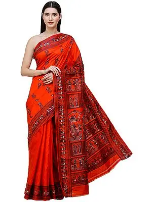 Mandarin-Red Baluchari Handloom Sari from Bengal with Hand-woven Mahabharata Episodes on Pallu