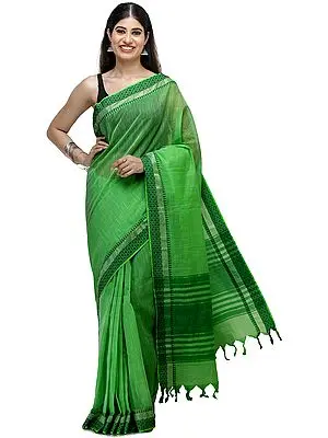 Classic-Green South-Cotton Handloom Sari from Chennai with Woven Border