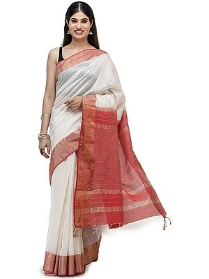 Maheshwari Handloom Sari with Golden Thread Weave on Border and Pin-Stripes