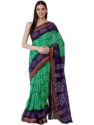 Peacock-Green and Violet Bandhani Sari from Rajasthan with Zari Weave on Border