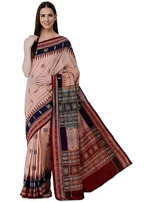 Maple-Sugar Handloom Sari from Sambhalpur with Ikat Weave Temple Border and  Heavy Woven Pallu