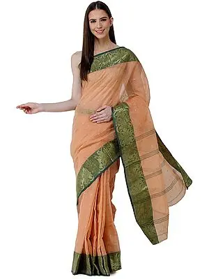 Peach-Nougat Tangail Puja Sari from Kolkata with Woven Border and Stripes on Pallu