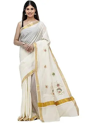 Antique-White Kasavu Sari from Kerala with Embroidered Floral Patches and Golden Border