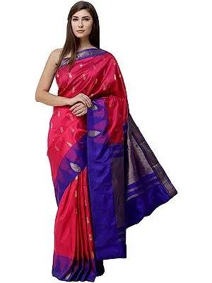 Fuchsia-Purple Uppada Handloom Sari from Bangalore with Woven Temple Border and Golden Pallu